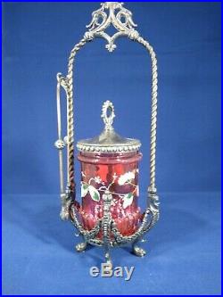 Victorian hand painted cranberry glass pickle caster with silver plated base