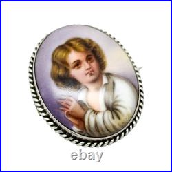 Victorian hand-painted porcelain portrait boy brooch, twisted rope silver frame