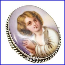 Victorian hand-painted porcelain portrait boy brooch, twisted rope silver frame