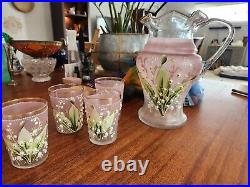 Victorian style blown glass, hand painted, lemonade pitcher. Includes cups