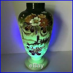 Victorian uranium glass opaque vase Antique pedestal hand painted enameled 14