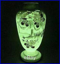 Victorian uranium glass opaque vase Antique pedestal hand painted enameled 14