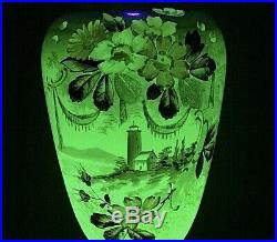 Victorian uranium glass opaque vase Antique pedestal hand painted enameled 14