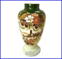 Victorian uranium glass opaque vase Antique pedestal hand painted enameled 14