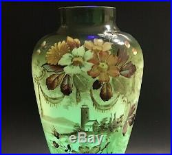 Victorian uranium glass opaque vase Antique pedestal hand painted enameled 14