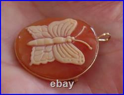 Video 14k Antique Rare Hand Carved Butterfly Cameo Victorian Huge Brooch Pendant