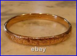 Video Rare 1913 Antique Art Deco Hand Engraved Carved Floral 14k Bangle Bracelet