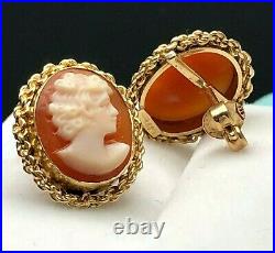 Vintage 14k Yellow Gold Classic Oval Victorian Hand Carved Shell Cameo Earrings