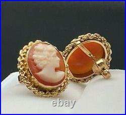 Vintage 14k Yellow Gold Classic Oval Victorian Hand Carved Shell Cameo Earrings