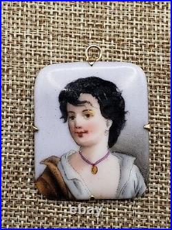 Vintage 14k gold and hand painted porcelain cameo brooch pendant Victorian