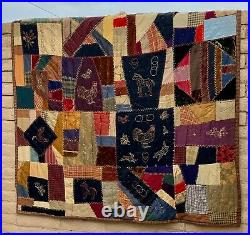 Vintage 1890s Victorian Crazy Quilt. Hand Sewn Embroidered Animals. 70x69 19thC