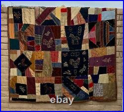 Vintage 1890s Victorian Crazy Quilt. Hand Sewn Embroidered Animals. 70x69 19thC