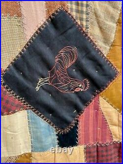 Vintage 1890s Victorian Crazy Quilt. Hand Sewn Embroidered Animals. 70x69 19thC