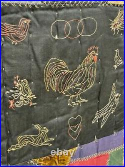 Vintage 1890s Victorian Crazy Quilt. Hand Sewn Embroidered Animals. 70x69 19thC