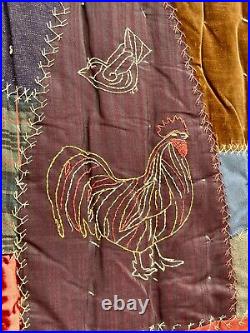 Vintage 1890s Victorian Crazy Quilt. Hand Sewn Embroidered Animals. 70x69 19thC