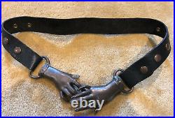 Vintage 1960s 1970s Victorian Revivial Clasping Hands Buckle Leather Belt