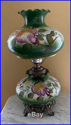Vintage 3-way Electric Gone With The Wind Green Hand Painted Parlor Lamp