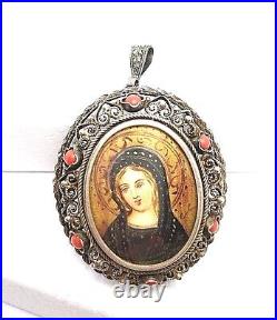 Vintage 800 Silver Filigree Coral Hand Painted Virgin Portrait Pendant Brooch