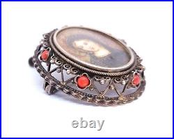 Vintage 800 Silver Filigree Coral Hand Painted Virgin Portrait Pendant Brooch