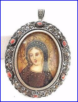 Vintage 800 Silver Filigree Coral Hand Painted Virgin Portrait Pendant Brooch
