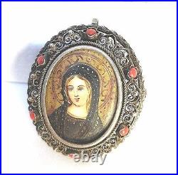 Vintage 800 Silver Filigree Coral Hand Painted Virgin Portrait Pendant Brooch