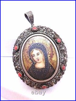 Vintage 800 Silver Filigree Coral Hand Painted Virgin Portrait Pendant Brooch