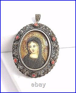 Vintage 800 Silver Filigree Coral Hand Painted Virgin Portrait Pendant Brooch