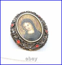 Vintage 800 Silver Filigree Coral Hand Painted Virgin Portrait Pendant Brooch