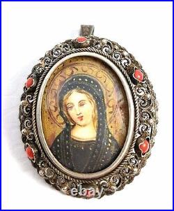 Vintage 800 Silver Filigree Coral Hand Painted Virgin Portrait Pendant Brooch