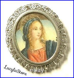 Vintage 800 Silver Filigree Hand Painted Madonna Portrait Italian Pendant Brooch