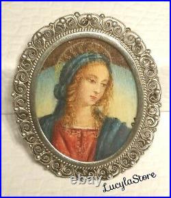 Vintage 800 Silver Filigree Hand Painted Madonna Portrait Italian Pendant Brooch