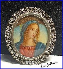 Vintage 800 Silver Filigree Hand Painted Madonna Portrait Italian Pendant Brooch