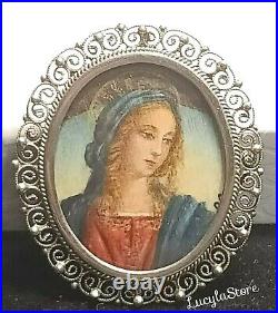 Vintage 800 Silver Filigree Hand Painted Madonna Portrait Italian Pendant Brooch