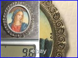 Vintage 800 Silver Filigree Hand Painted Madonna Portrait Italian Pendant Brooch