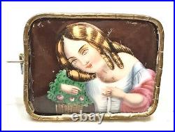 Vintage Antique 1800' Art Deco Victorian Hand Painted Miniature Pin Brooch Label