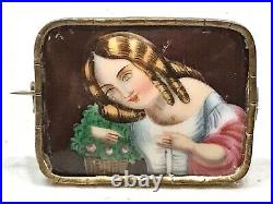 Vintage Antique 1800' Art Deco Victorian Hand Painted Miniature Pin Brooch Label