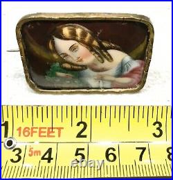 Vintage Antique 1800' Art Deco Victorian Hand Painted Miniature Pin Brooch Label