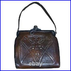 Vintage Antique Victorian Hand Tooled Bosca Built Leather Satchel Handbag 7x5.5