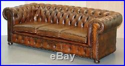 Vintage Art Deco 1920's Brown Leather Hand Dyed Coil Sprung Chesterfield Sofa