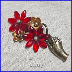 Vintage Art Deco Victorian Hand Red Flower C-clasp Antique Brooch