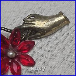 Vintage Art Deco Victorian Hand Red Flower C-clasp Antique Brooch
