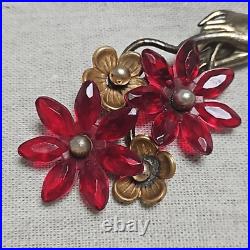 Vintage Art Deco Victorian Hand Red Flower C-clasp Antique Brooch