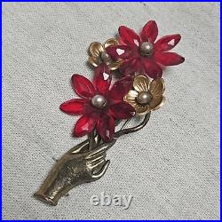 Vintage Art Deco Victorian Hand Red Flower C-clasp Antique Brooch