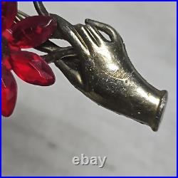 Vintage Art Deco Victorian Hand Red Flower C-clasp Antique Brooch