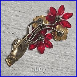 Vintage Art Deco Victorian Hand Red Flower C-clasp Antique Brooch