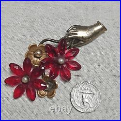 Vintage Art Deco Victorian Hand Red Flower C-clasp Antique Brooch