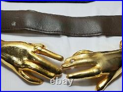 Vintage Brass Womans Clasping Hands Victorian Revival Leather Belt