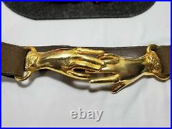 Vintage Brass Womans Clasping Hands Victorian Revival Leather Belt