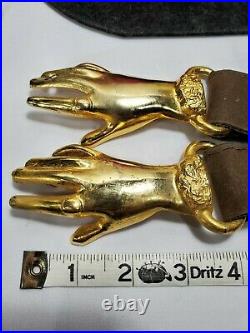 Vintage Brass Womans Clasping Hands Victorian Revival Leather Belt