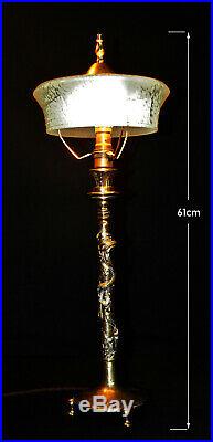 Vintage Chinese Qing Dynasty bronze brass dragon lamp Victorian hand-made shade